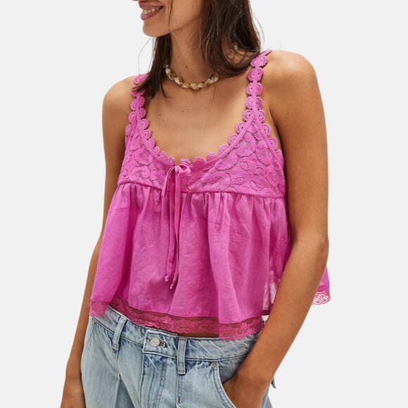 FREE PEOPLE STEVIE LACE TANK HIBISCUS PINK NWT SIZE XL - Picture 1 of 12